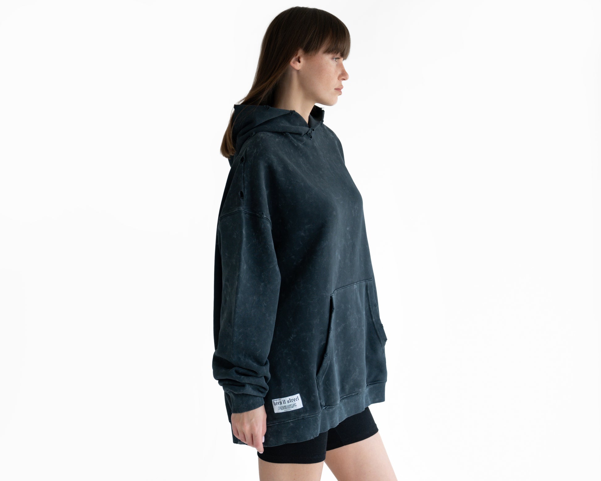 Hoodie washed gray with "keepitstreet" embroidery on the back