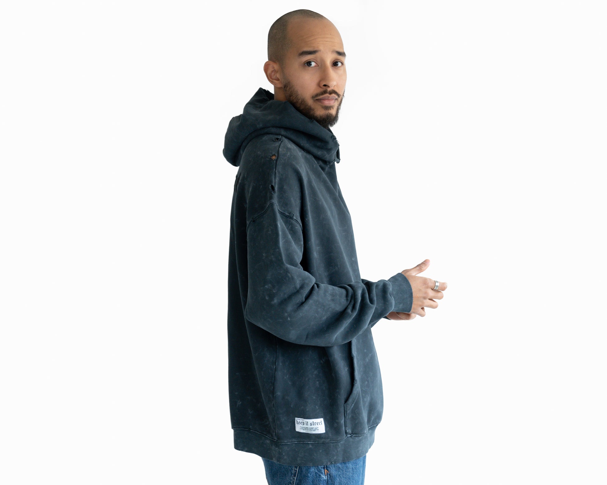 Hoodie washed gray with "keepitstreet" embroidery on the back